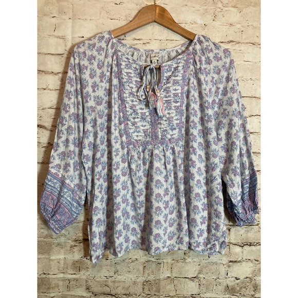 Wonderly Peasant Top Womens XL Purple Ditsy Micro Floral Tasseled Boho Hippie - Picture 1 of 11